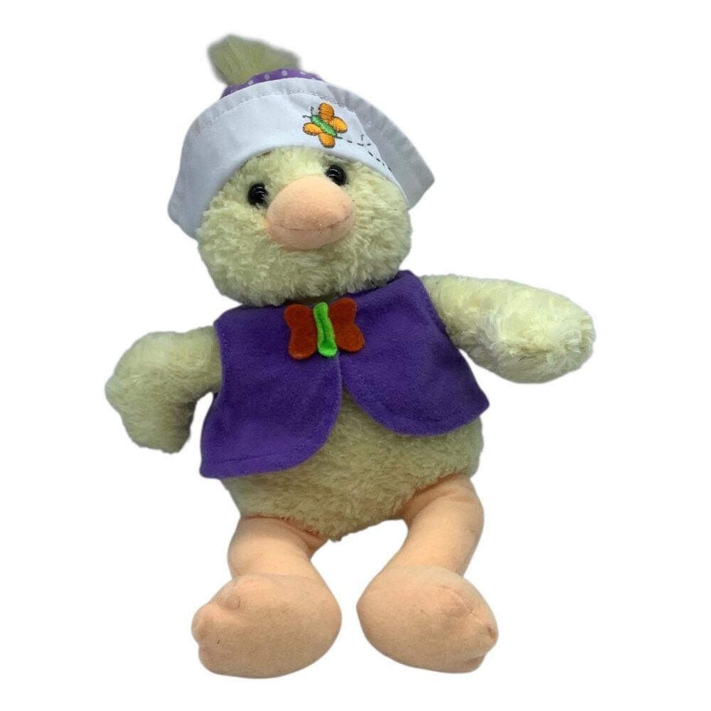 Vtg Eden Toys Plush Yellow Duck Chick Stuffed Animal 10" With Purple Hat & Vest
